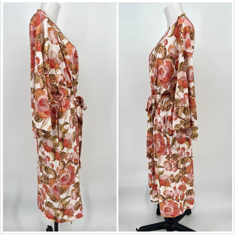 Garnet Hill Floral Satin Robe in Coral, Olive & Cream - Picture 2 of 11